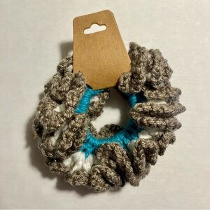 Crochet Hair Scrunchie in Brown, White and Blue- NIP